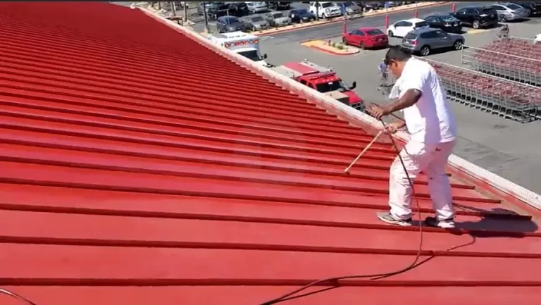 Commercial protective coatings application on Costco entrance canopy and gas station in Fullerton, CA using epoxy primer and urethane finish.