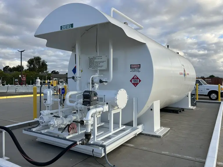 Commercial protective coatings applied to fuel storage tanks after priming and refinishing.